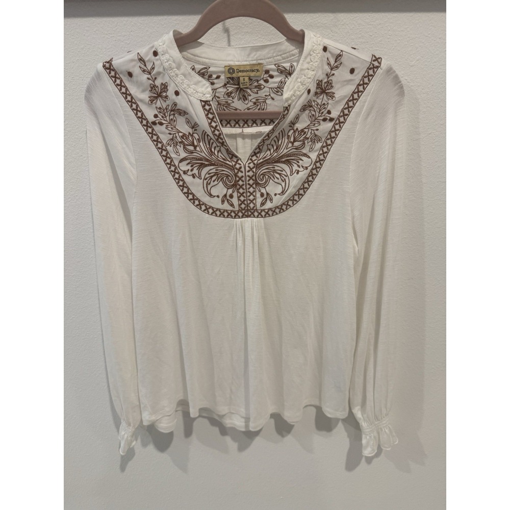 Democracy Boho Ivory Floral Embroidered Peasant Top Sz S Long Sleeve - Picture 2 of 9